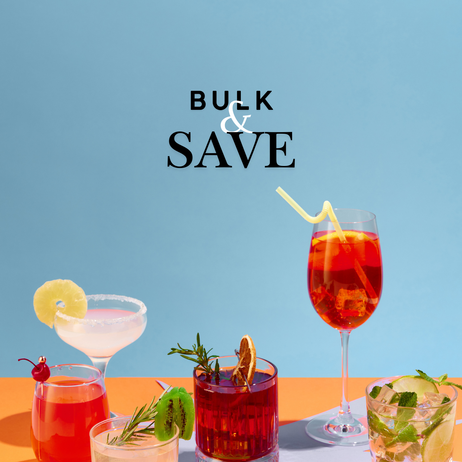 A variety of alcoholic beverages and mixed drinks with glasses and pitchers, displayed against a blue background with 'BULK & SAVE' text above.