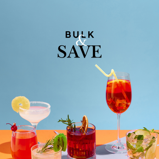 A variety of alcoholic beverages and mixed drinks with glasses and pitchers, displayed against a blue background with 'BULK & SAVE' text above.