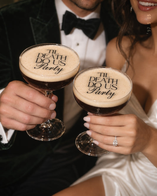 Til Death Do Us Party edible cocktail toppers on wedding cocktails